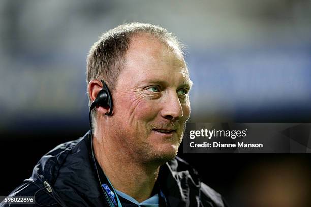Richie Harris, head coach of Northland, looks on during team warmup ahead of the round three Mitre 10 Cup match between Otago and Northland at...