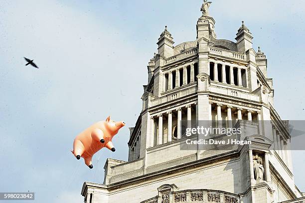 General view of the floating pig during the announcement of "Their Mortal Remains" a Pink Floyd exhibition at The V&A on August 31, 2016 in London,...