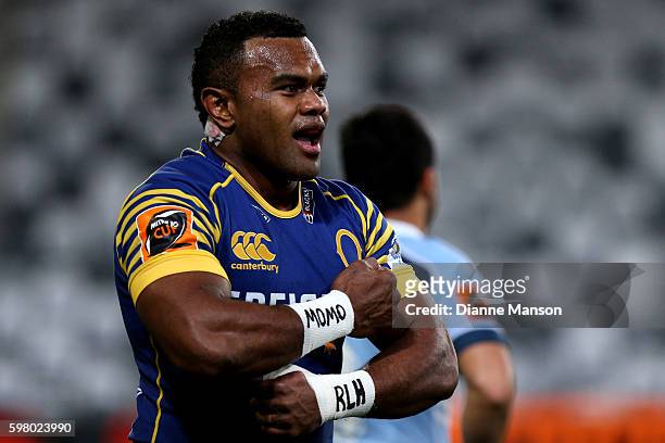 Naulia Dawai of Otago celebrates his try during the round three Mitre 10 Cup match between Otago and Northland at Forsyth Barr Stadium on August 31,...