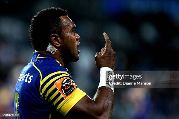 Naulia Dawai of Otago celebrates his try during the round three Mitre 10 Cup match between Otago and Northland at Forsyth Barr Stadium on August 31,...