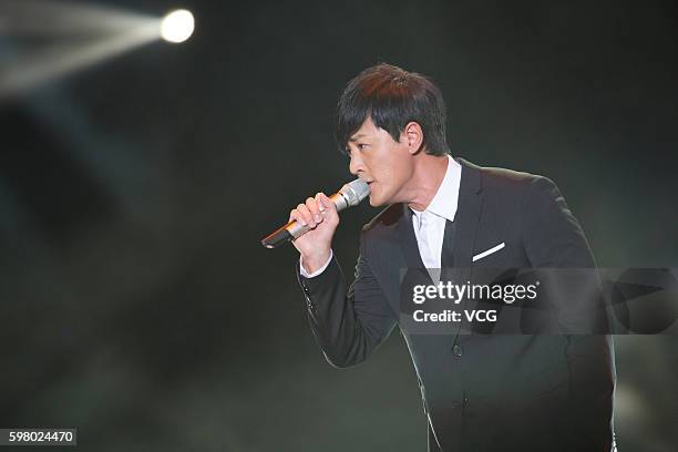 Singer Raymond Lam performs onstage during a welcome party as Chinese Mainland Olympians visit to Macau at East Asian Games Dome on August 30, 2016...