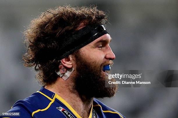 Liam Coltman of Otago wears a concussion chip beneath his ear during the round three Mitre 10 Cup match between Otago and Northland at Forsyth Barr...