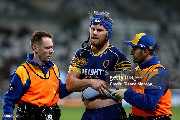 Blair Tweed of Otago leaves the field with an injury during the round three Mitre 10 Cup match between Otago and Northland at Forsyth Barr Stadium on...