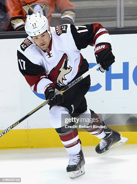 Steve Downie of the Arizona Coyotes plays in the game against the Anaheim Ducks at Honda Center on November 9, 2015 in Anaheim, California.