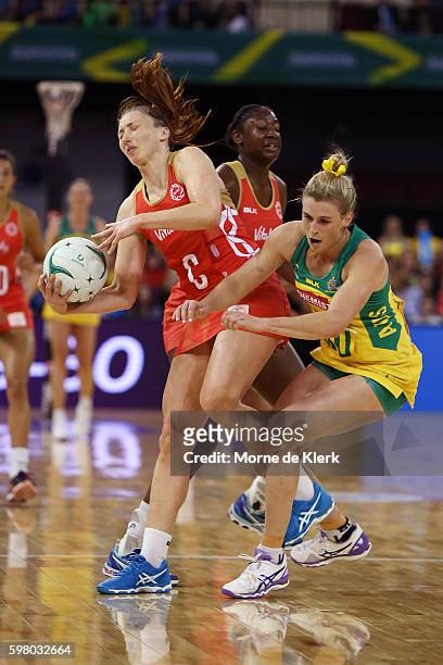 Jade Clarke of the Roses and Gabi Simpson of the Diamonds collide during the International Test match between the Australian Diamonds and England at...