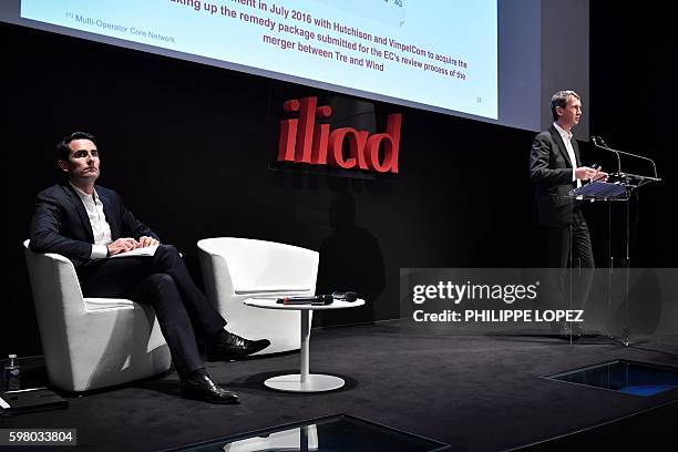 Maxime Lombardini , the general director of French provider of telecommunication services Iliad, addresses a press conference as financial director...