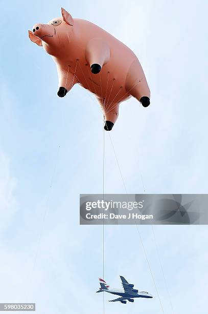 General view of the floating pig during the announcement of "Their Mortal Remains" a Pink Floyd exhibition on from 13 May to 1 October 2017 at The...