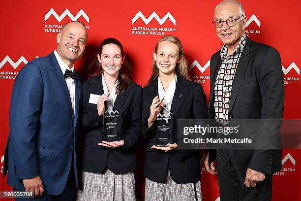 Adam Spencer and Dr Karl Kruszelnicki present Claire Galvin and Anna Hardy with 2016 Sleek Geeks Science Eureka Prize for Secondary Schools at the...