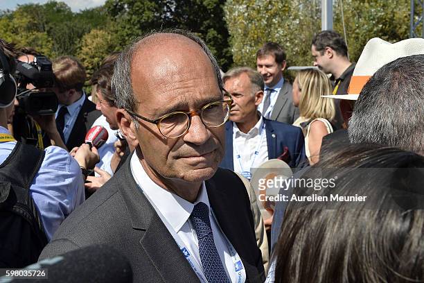 French politician Eric Woerth addresses the press after listening to former French President Nicolas Sarkozy addressing hundreds of political...