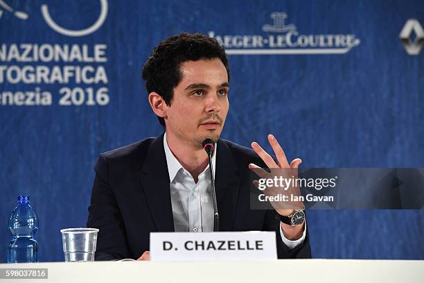 Director and screenwriter, Damien Chazelle wearing a Jaeger-LeCoultre watch attends the 'La La Land' press conference during the 73rd Venice Film...