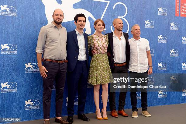 Producer Jordan Horowitz, director Damien Chazelle, actress Emma Stone, producers Fred Berger and Marc Platt attend a photocall for 'La La Land'...