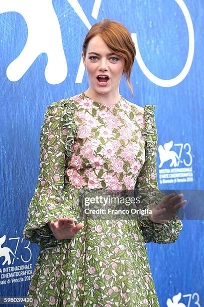 Emma Stone attends a photocall for 'La La Land' during the 73rd Venice Film Festival at Palazzo del Casino on August 31, 2016 in Venice, Italy.