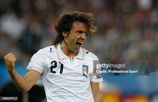 Andrea Pirlo of Italy celebrates after scoring the opening goal from the penalty spot during the UEFA EURO 2008 Group C match between France and...