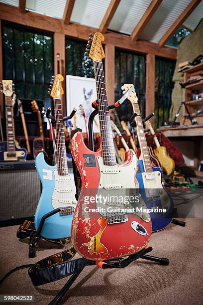 Detail of 'Pinky', a 1962 Fender Stratocaster belonging to English rock musician Chris Rea, photographed at his home in Berkshire on January 27, 2016.
