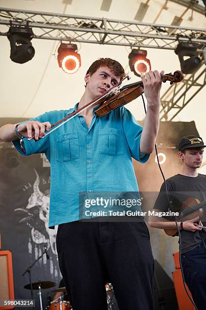 Violinists Reuben Brunt and Sam Little of English post-rock group Talons performing live on stage at ArcTanGent Festival in Somerset, on August 22,...