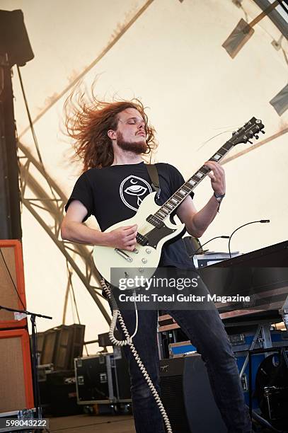 Guitarist Oliver Steels of English post-rock group Talons performing live on stage at ArcTanGent Festival in Somerset, on August 22, 2015.