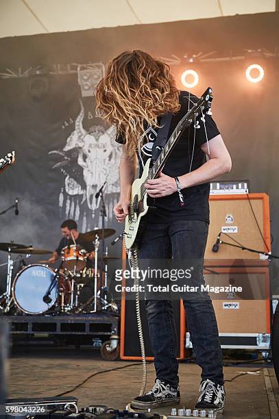 Guitarist Oliver Steels of English post-rock group Talons performing live on stage at ArcTanGent Festival in Somerset, on August 22, 2015.