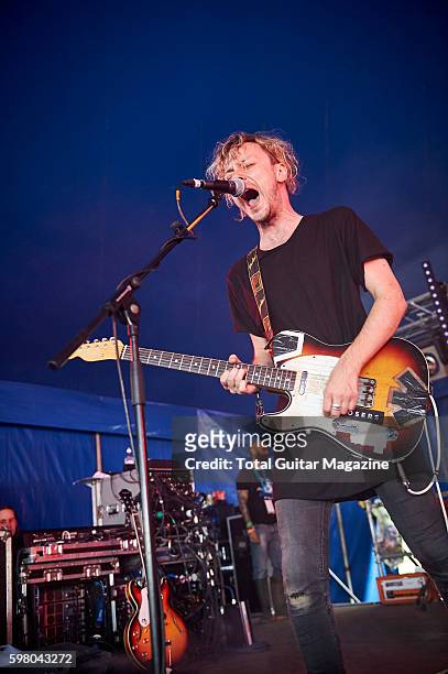 Guitarist and vocalist Paul Mullen of British rock group Young Legionnaire performing live on stage at ArcTanGent Festival in Somerset, on August 22,...