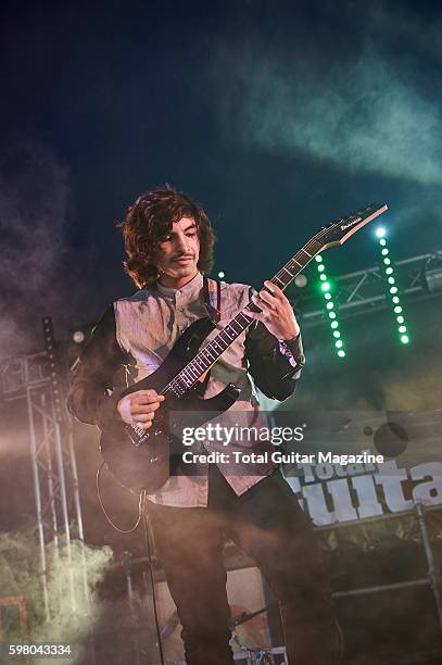 Guitarist Mario Camarena of American progressive rock group Chon performing live on stage at ArcTanGent Festival in Somerset, on August 21, 2015.