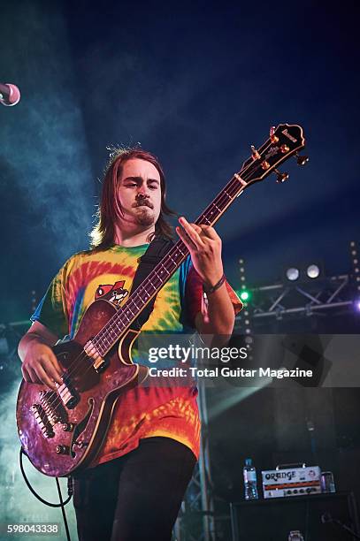 Bassist Drew Pelisek of American progressive rock group Chon performing live on stage at ArcTanGent Festival in Somerset, on August 21, 2015.