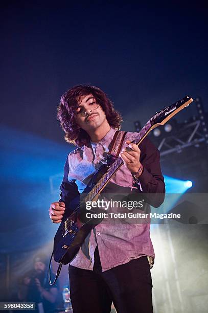 Guitarist Mario Camarena of American progressive rock group Chon performing live on stage at ArcTanGent Festival in Somerset, on August 21, 2015.