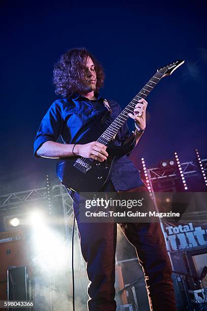 Guitarist Erick Hansel of American progressive rock group Chon performing live on stage at ArcTanGent Festival in Somerset, on August 21, 2015.