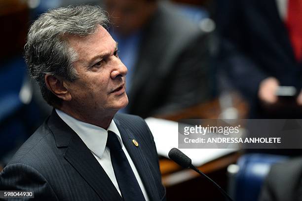 Brazilian senator and former president , Fernando Collor de Mello, speaks during the impeachment vote against Brazil's suspended President Dilma...