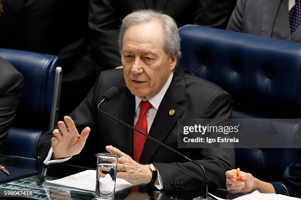 Enrique Ricardo Lewandowski, president of the Supreme Court and, for purposes of impeachment proceeding president of the Senate, speaks at a session...