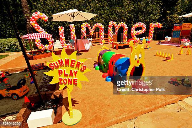 Wide view of the play area and balloons are seen during the second birthday party for Christina Aguilera's daughter Summer Rain Rutler at a private...
