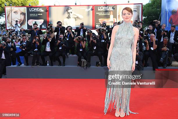 Actress Emma Stone attends the opening ceremony and premiere of 'La La Land' during the 73rd Venice Film Festival at Sala Grande on August 31, 2016...