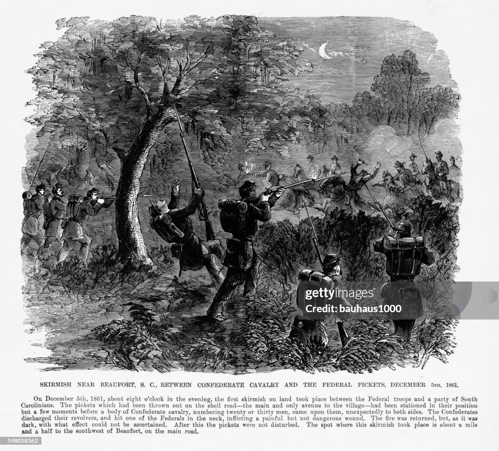 Skirmish Near Beaufort, South Carolina, 1861 Civil War Engraving
