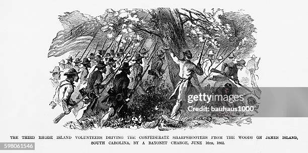 rhode island volunteers on james island, 1862 civil war engraving - james island stock illustrations