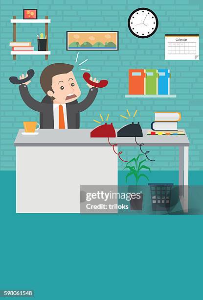 man frustrated with calls - multitasking phone stock illustrations