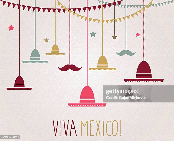 viva mexico. independence day. hanging colorful sombrero and mustache - mexican bunting stock illustrations