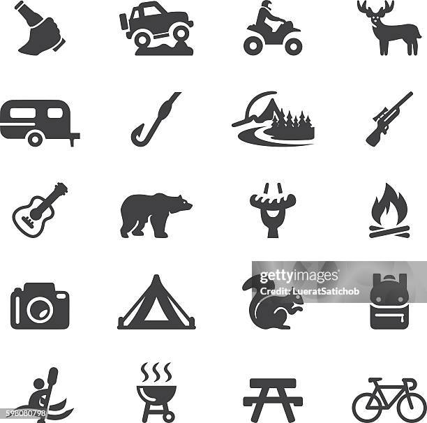 outdoors and adventure silhouette 20 icons| eps10 - warming up stock illustrations