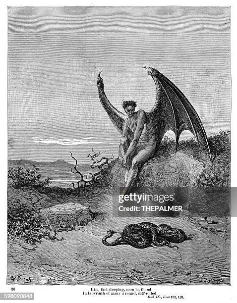 stockillustraties, clipart, cartoons en iconen met snake and evil 1885 - demon