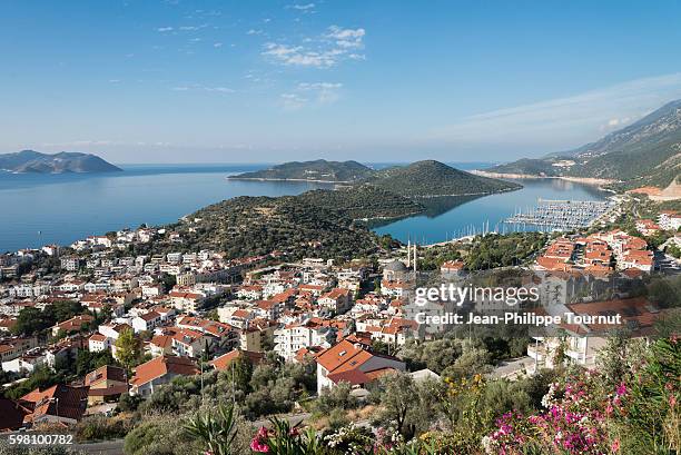 panoramic view of the coastal town of kas, lycia, southern turkey - the lycian way in turkey stockfoto's en -beelden