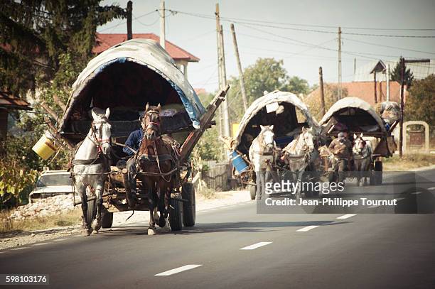 gypsies on the road with horses and trailers, near curtea de arges in romania, europe - paardenkar stockfoto's en -beelden