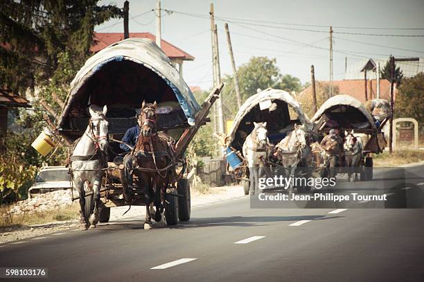 gypsies on the road with horses and trailers, near curtea de arges in romania, europe - gypsy caravan stock pictures, royalty-free photos & images