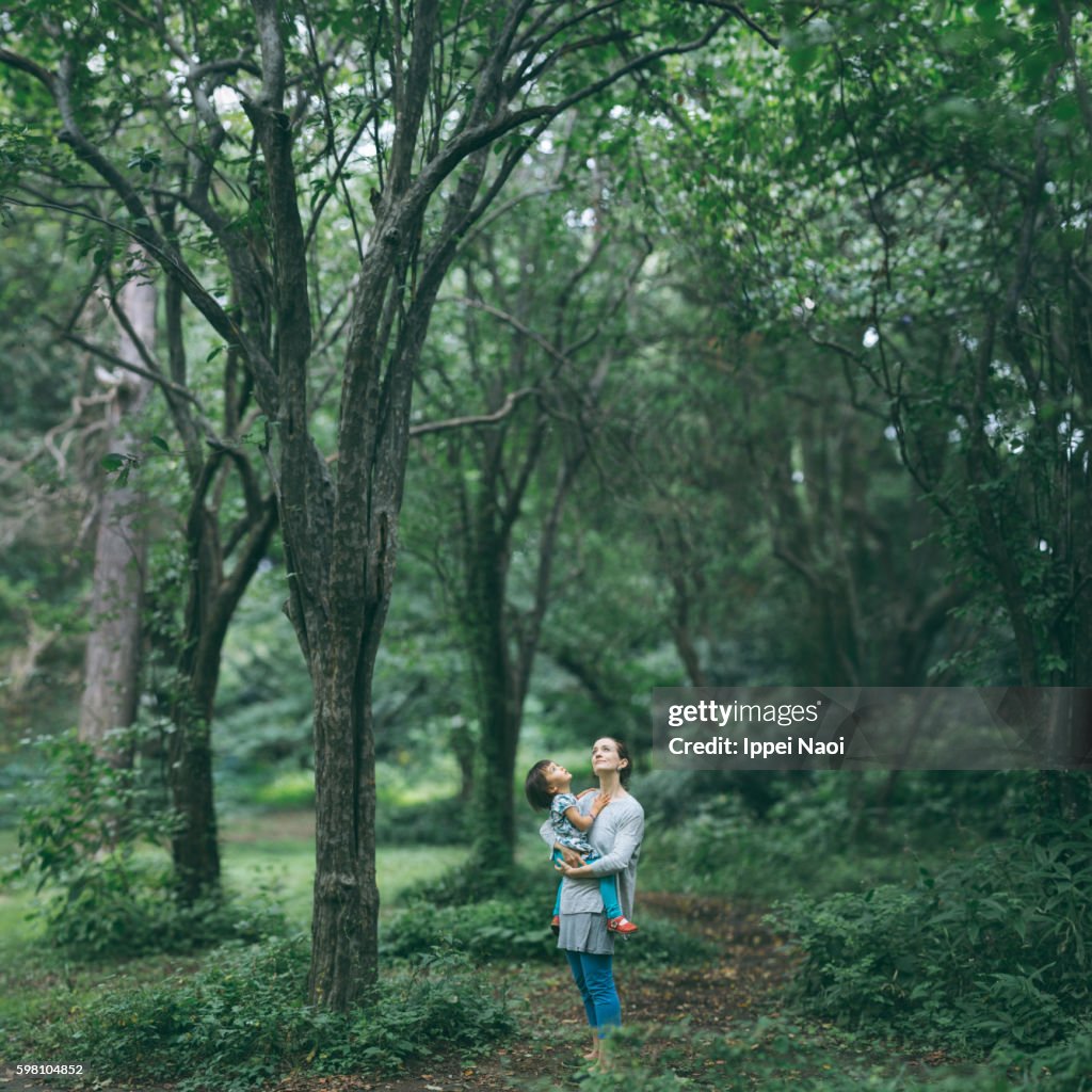 Mother holding her child and looking up at tree canopy