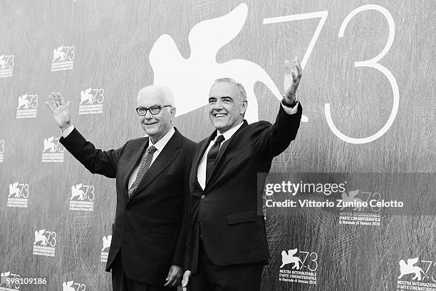 Paolo Baratta and Alberto Barbera attend the photocall of the jury during the 73rd Venice Film Festival on August 31, 2016 in Venice, Italy.