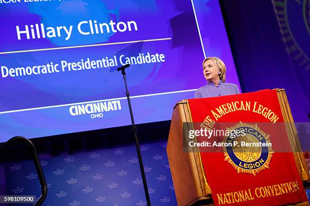 Democratic presidential nominee Hillary Clinton speaks at the American Legion Convention August 31, 2016 in Cincinnati, Ohio. Clinton spoke about her...