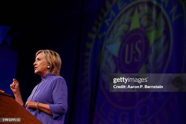 Democratic presidential nominee Hillary Clinton speaks at the American Legion Convention August 31, 2016 in Cincinnati, Ohio. Clinton spoke about her...