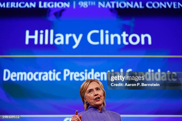 Democratic presidential nominee Hillary Clinton speaks at the American Legion Convention August 31, 2016 in Cincinnati, Ohio. Clinton spoke about her...