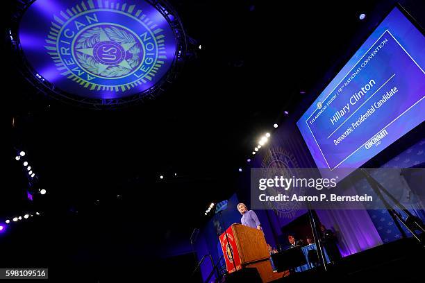 Democratic presidential nominee Hillary Clinton speaks at the American Legion Convention August 31, 2016 in Cincinnati, Ohio. Clinton spoke about her...