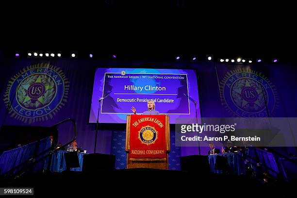 Democratic presidential nominee Hillary Clinton speaks at the American Legion Convention August 31, 2016 in Cincinnati, Ohio. Clinton spoke about her...