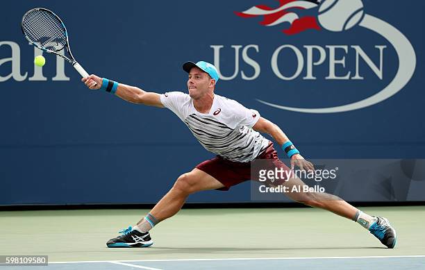 James Duckworth of Australia returns a shot to Jo-Wilfried Tsonga of France during his second round Men's Singles match on Day Three of the 2016 US...