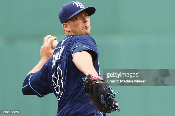 Drew Smyly of the Tampa Bay Rays pitches against the Boston Red Sox during the first inning at Fenway Park on August 31, 2016 in Boston,...
