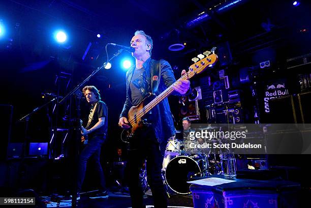 Musicians Dominic Miller, Sting and Josh Freese perform onstage during KROQ's Breakfast with Kevin and Bean at the Red Bull Sound Space on August 31,...