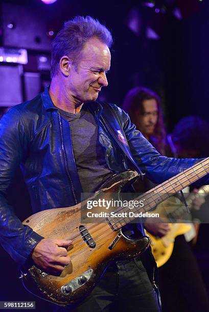 Musician Sting performs onstage during KROQ's Breakfast with Kevin and Bean at the Red Bull Sound Space on August 31, 2016 in Los Angeles, California.